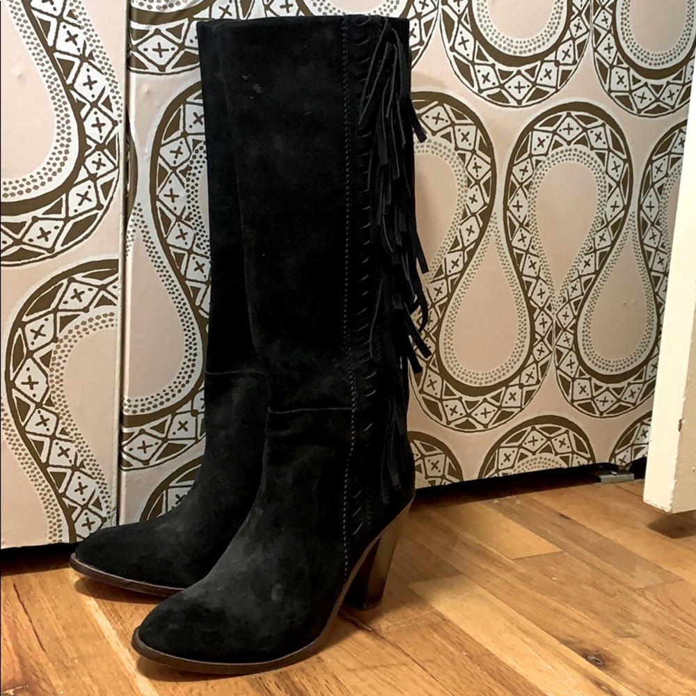 Black suede fringe boots